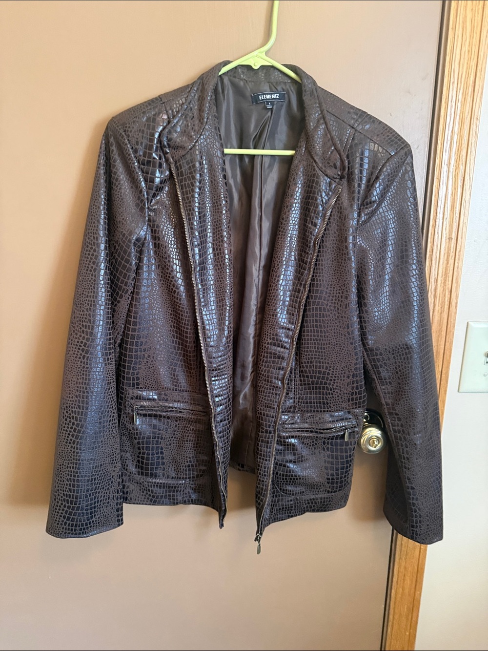 Elementz Faux Croc Leather Blazer Jacket in Dark Brown